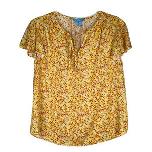 Draper James Yellow Floral Print Flutter Sleeve Top Blouse‎ Size S Tie Neck